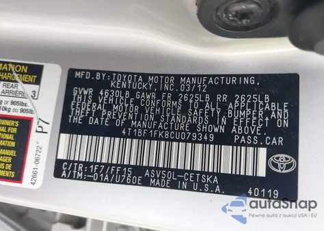 2012 Toyota Camry Se from USA, damaged, VIN 4T1BF1FK8CU079349